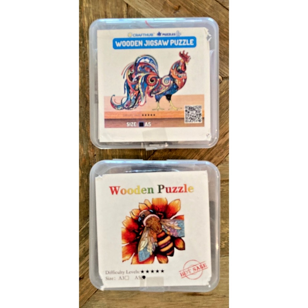 Set/2 Craft Hub Wooden Jigsaw Puzzle Unique Laser Cut New Rooster Bee Nature